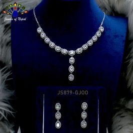 Jewels Of Nepal American Diamond Oval Cut Necklace Set With Long Oval Drop Earrings For Women