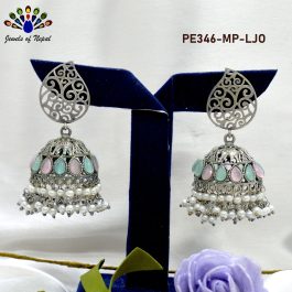 Jewels Of Nepal German Silver Oxidized CZ Stone Studded Multicolored Big Pinjada Jhumki Earrings For Women