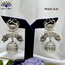 Jewels Of Nepal German Silver Oxidized Peacock Designed Pinjada Jhumki Earrings For Women