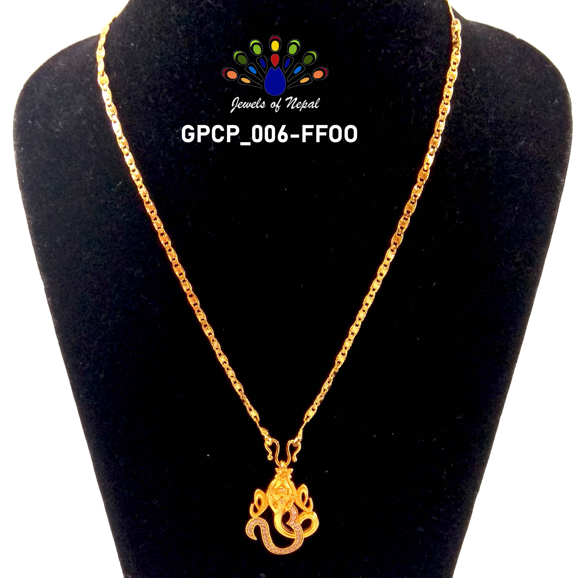 Gold Plated Stone Studded Ganesh & Om Designed Pendant & Chain (Unisex)