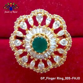 Golden Plated Flower Designed White/Green American Diamond Stone Studded Ring For Women