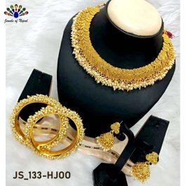 High Gold Beaded Necklace And Earring Set With Embossed With Gold Polish