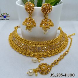 High Gold Faux Moti & Stones Embellished Choker Necklace Set With Adjustable Necklace Strap