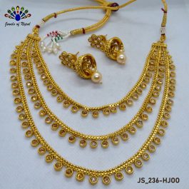 Kundan Stones Embellished 3 Layered High Gold Adjustable Necklace Set With Pinjada Earrings