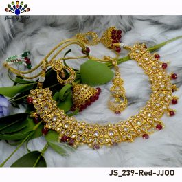High Gold Faux Moti And Kundan Stones Embellished Adjustable Necklace Set With Earrings & Maangtika