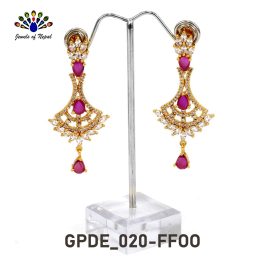 American Diamond And Faux Ruby Adorned 24K Gold Plated Dangling Earrings For Women