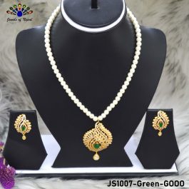 Jewels of Nepal Gold Plated Faux Stone Studded Locket Beaded in Faux Pearl Mala with Earrings Set for Women