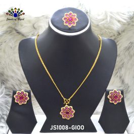 Jewels of Nepal Gold Plated Faux Stone Studded Flower Locket Chain Necklace with Earrings Set and Finger Ring For Women