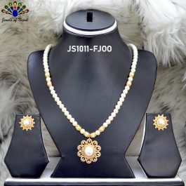 Jewels of Nepal Gold Plated Faux Moti Necklace with Ear Studs Set for Women