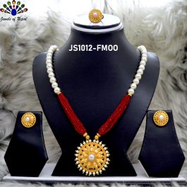 Jewels of Nepal Gold Plated Faux Moti & Crystal Beaded Necklace with Ear Studs & Finger Ring Set for Women