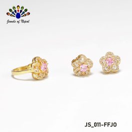 Gold Plated/Pink Stone Studded Earrings And Ring Set For Women
