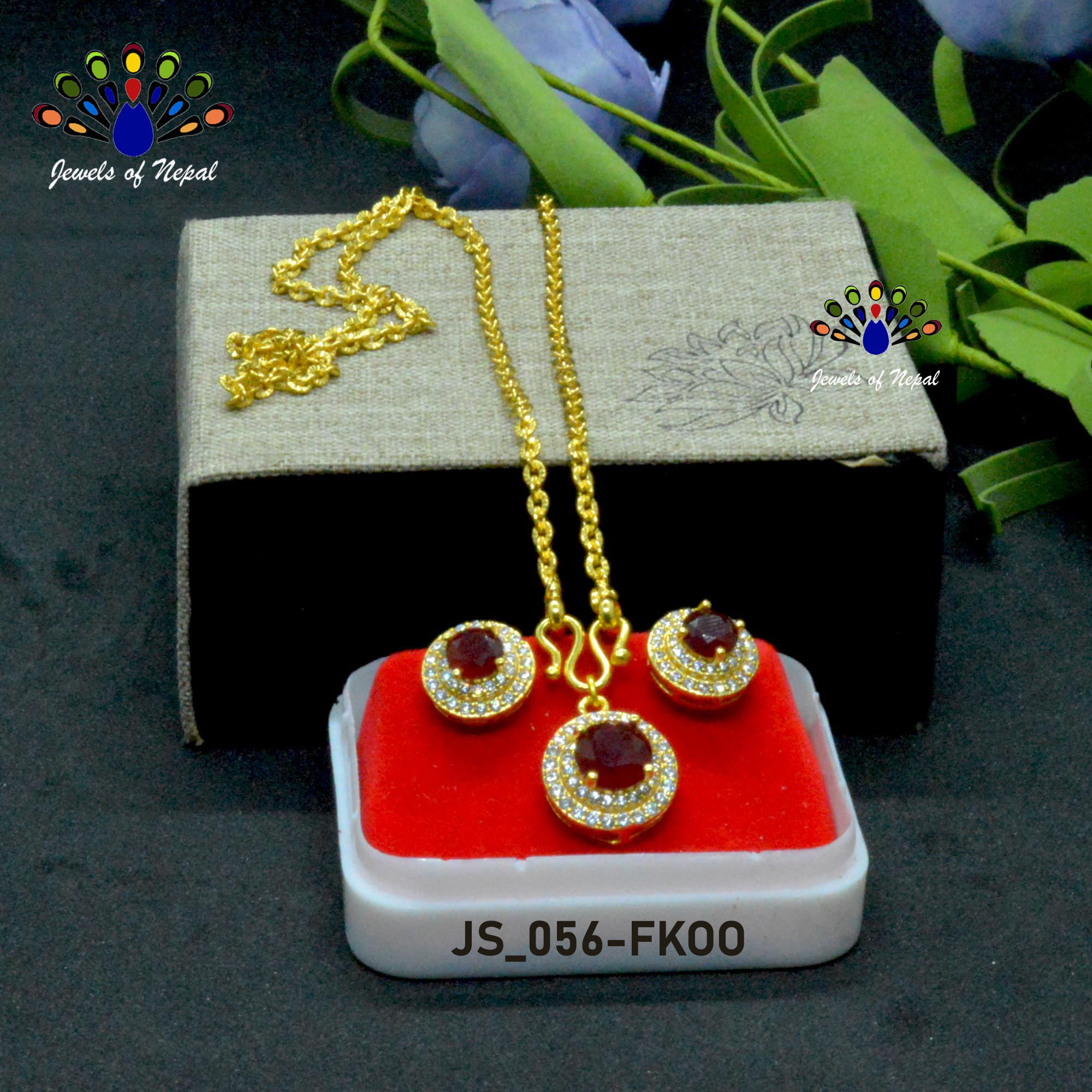 Gold Plated Round Faux Ruby And White Stones Embellished Ear Studs And Necklace Set