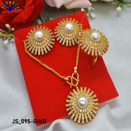 Jewels of Nepal Gold Plated Faux Moti and Stones Ear Studs, Locket Chain and Adjustable Finger Ring Set for Women