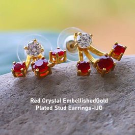 Red/White Crystal Embellished Gold Plated Double Sided Stud Earrings For Women