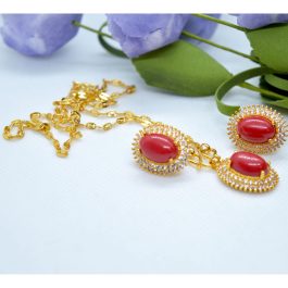 Golden Plated- Red Faux Muga And Stones Studded Set For Women
