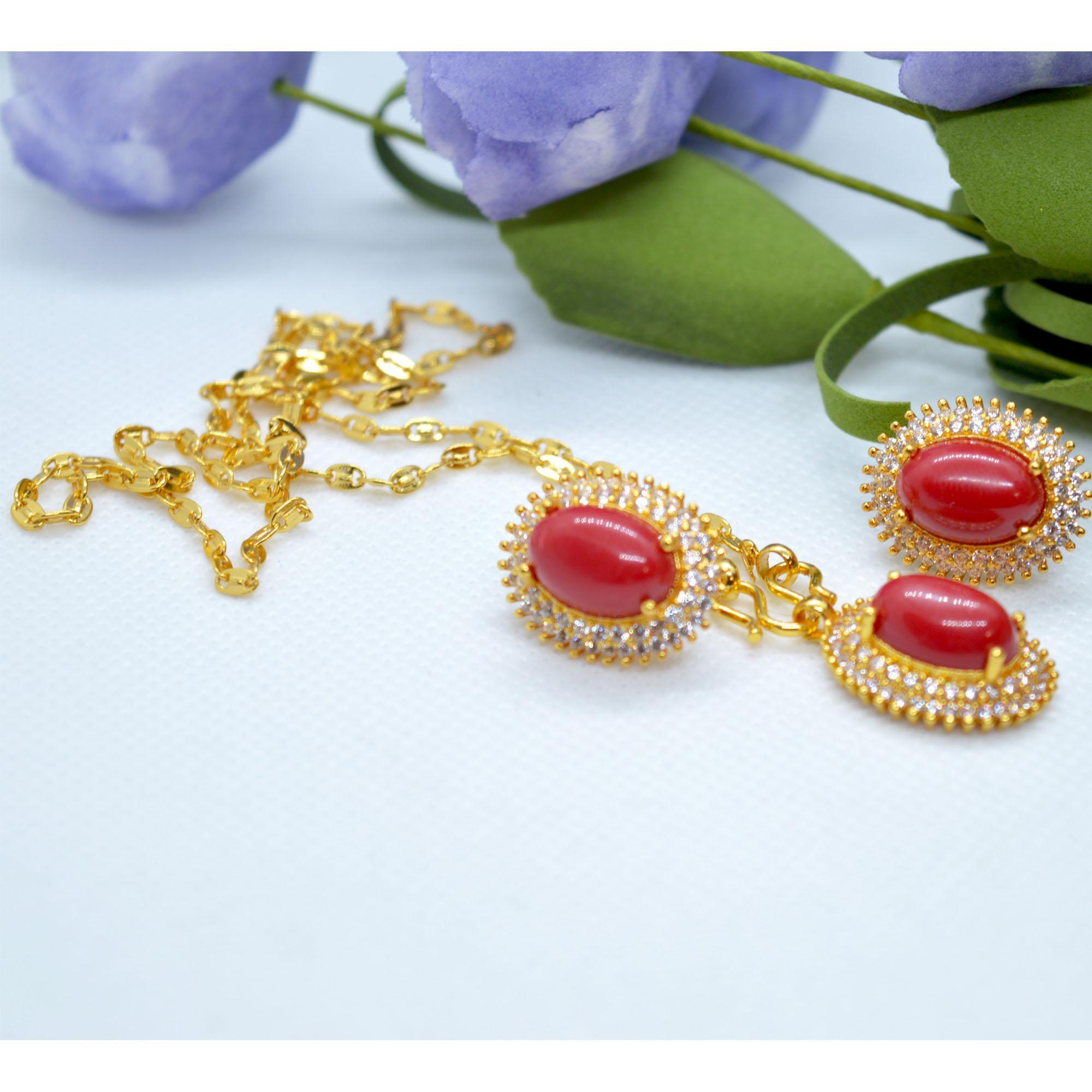 Golden Plated- Red Faux Muga And Stones Studded Set For Women