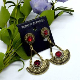 Red Stone Adorned Tribal Patterned Dangling Earrings