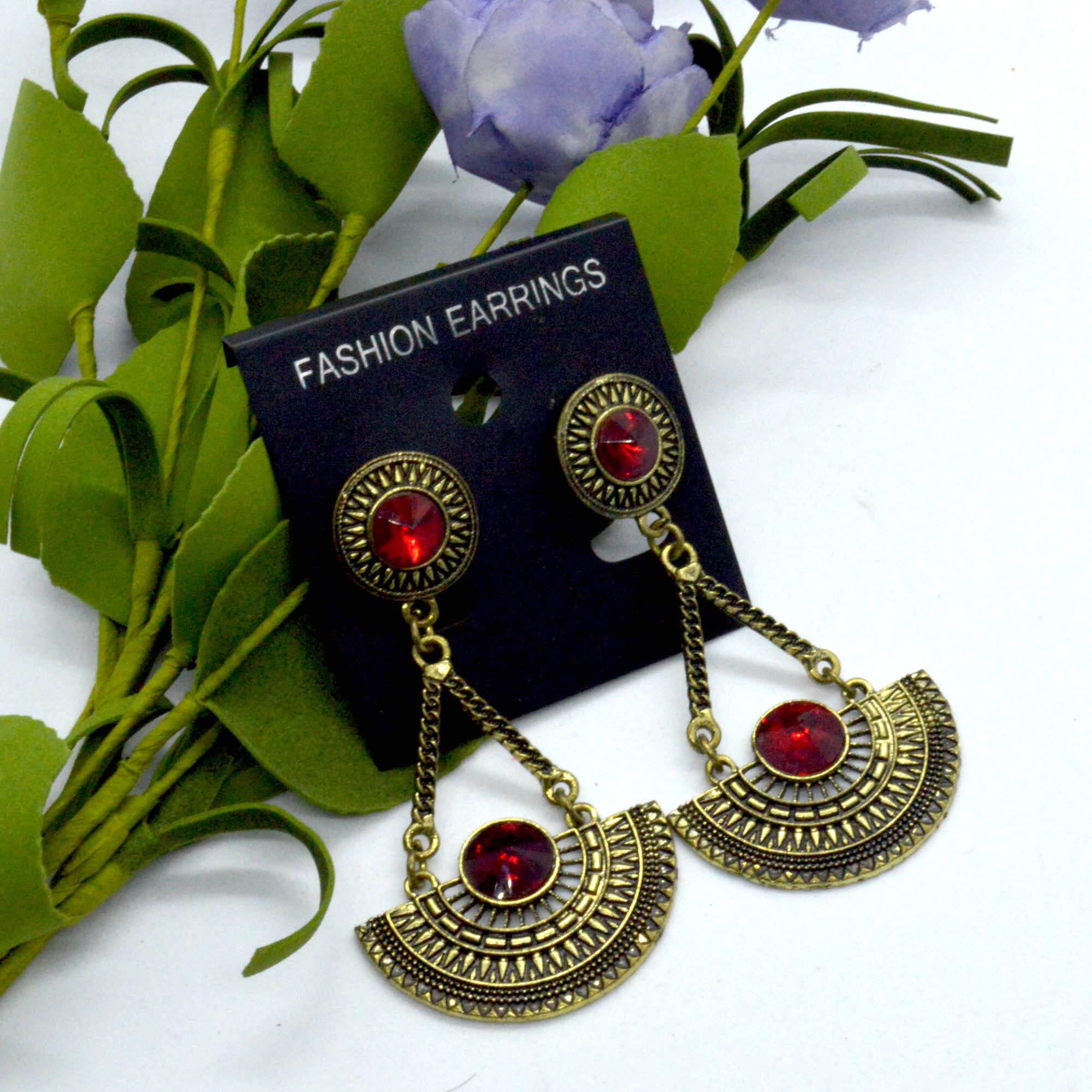Red Stone Adorned Tribal Patterned Dangling Earrings