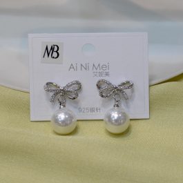 Jewels Of Nepal S925 Faux Pearl Drop Bow Designed Top Earrings For Women
