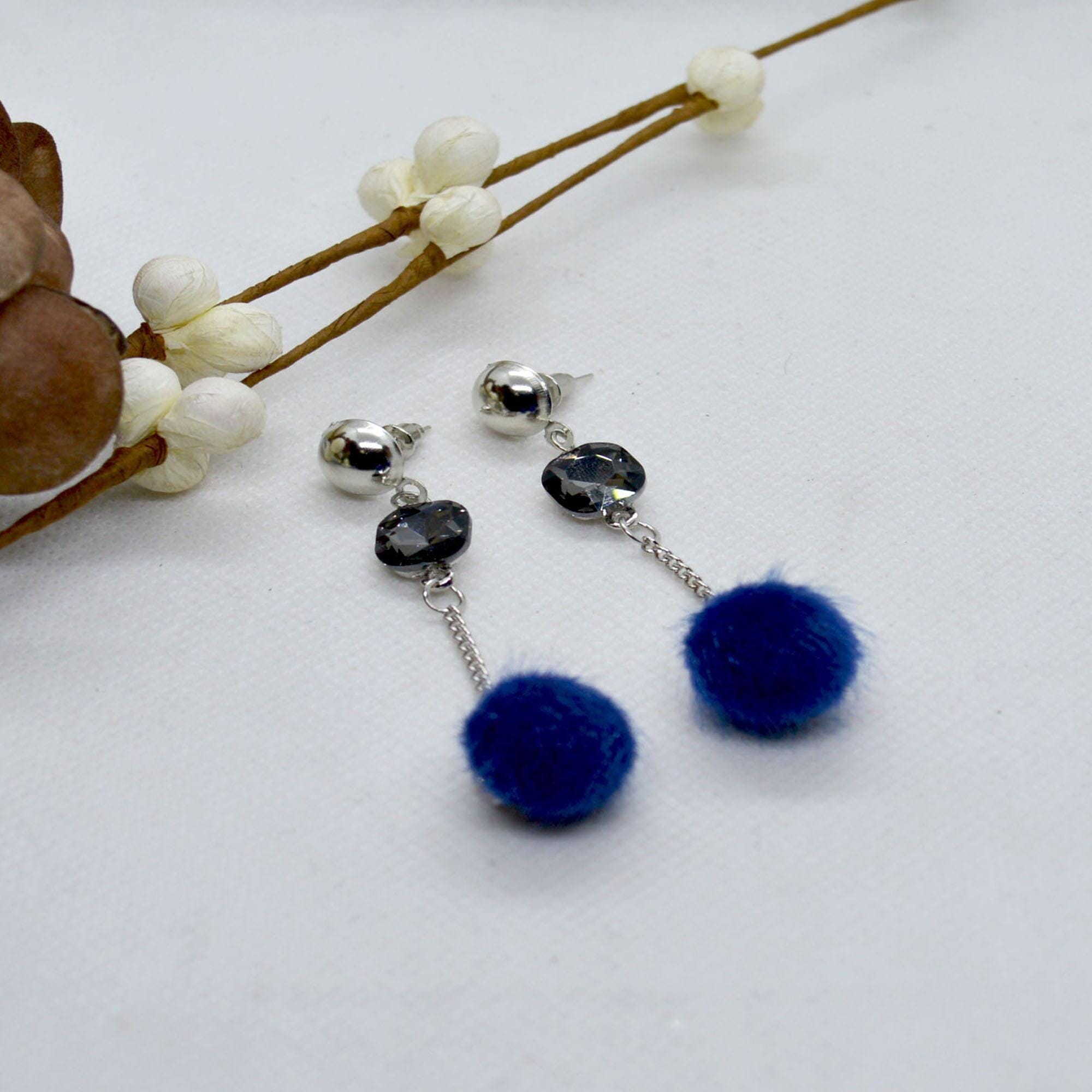 Korean Style Faux Crystal Adorned Chain Pom Drop Earrings For Women - Image 3