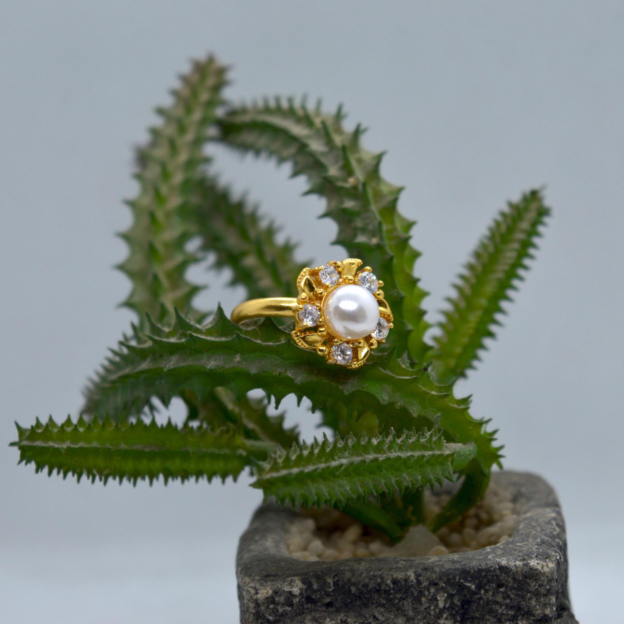 Faux Moti & Stones Adorned Gold Plated Finger Ring For Women - Image 2