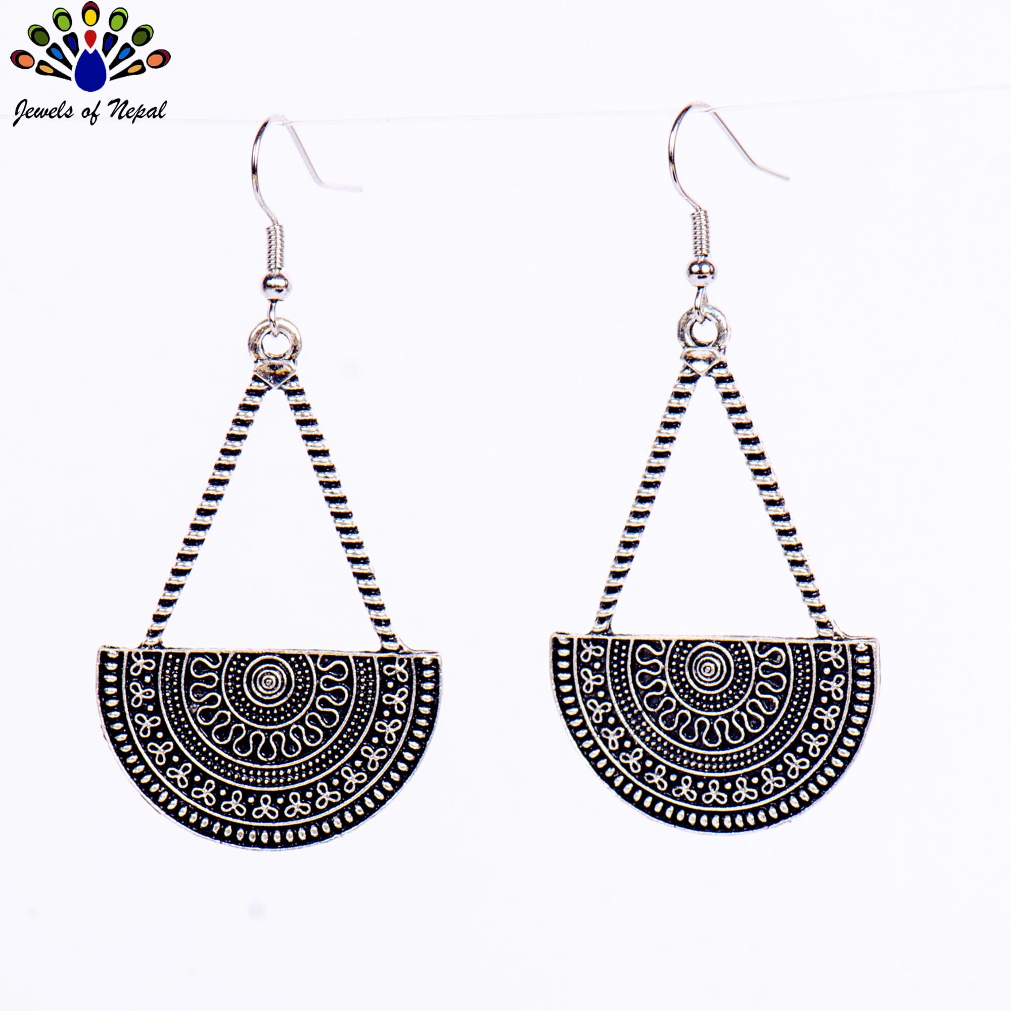 Silver Mandala Patterned Half Circular Dangling Earrings