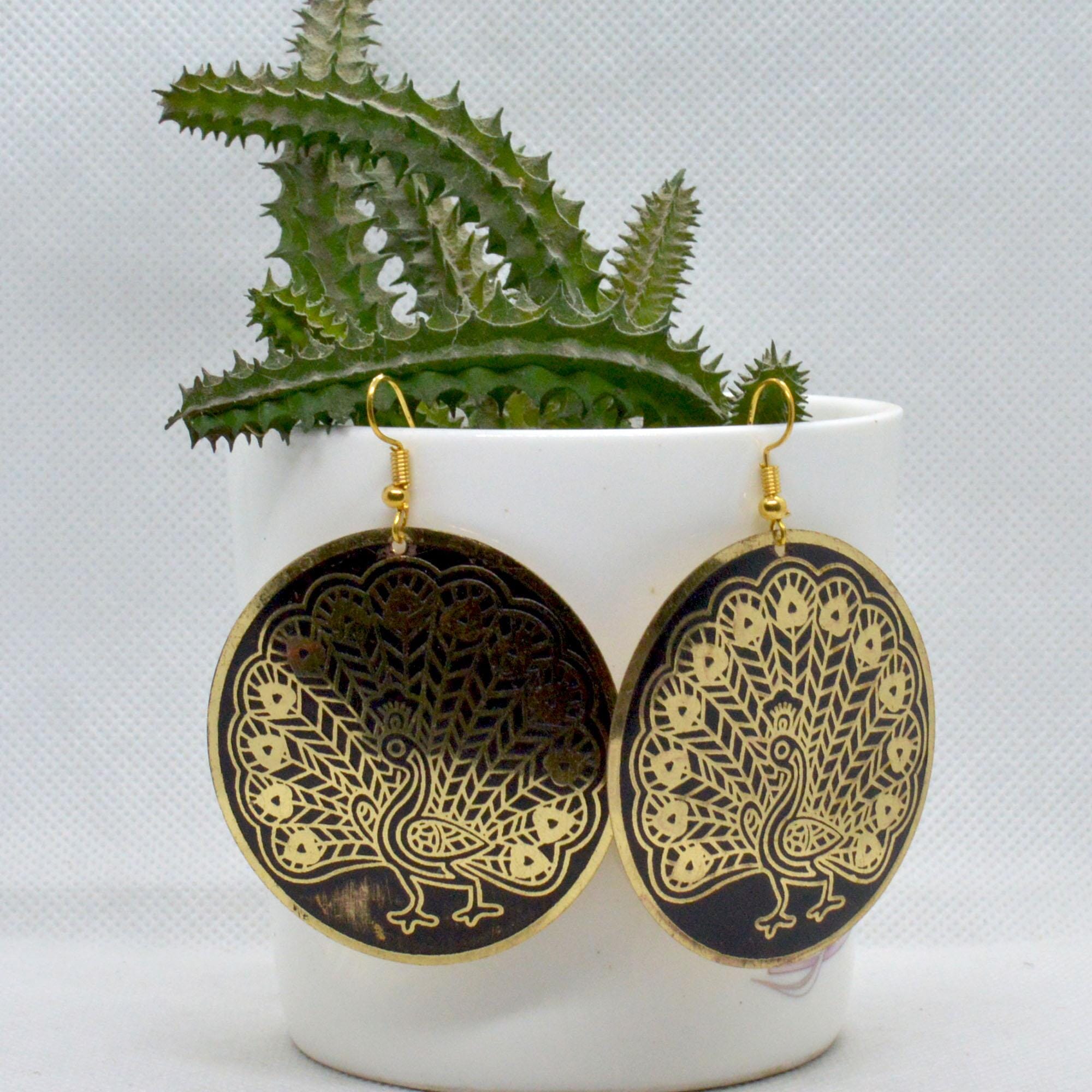 Golden Lightweight Peacock Patterned Round Earrings