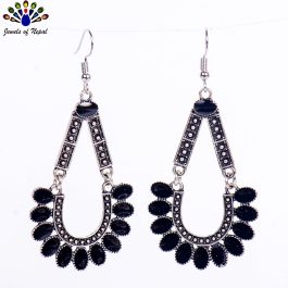 Silver/Black Dot Textured Stylish Drop Earrings For Women