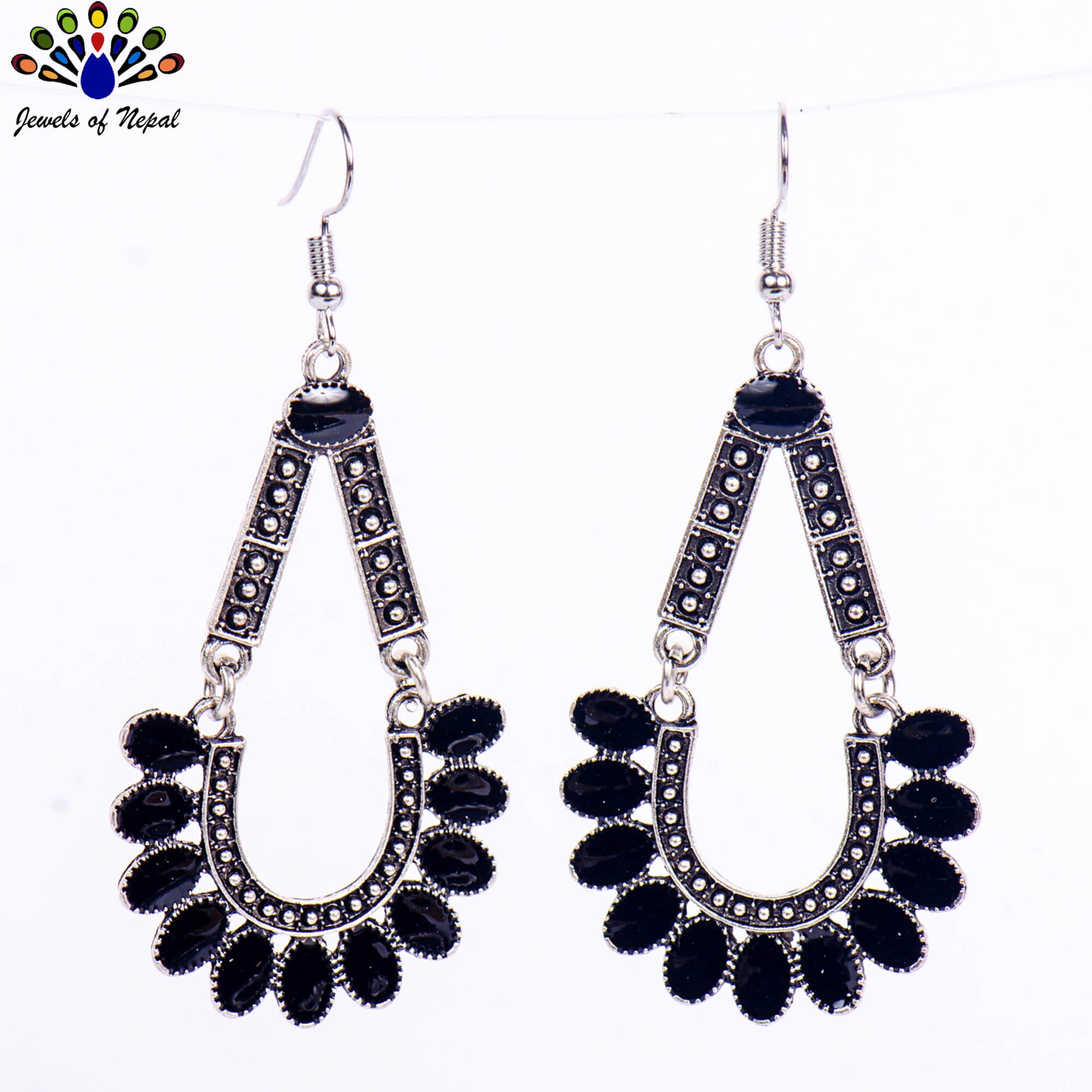 Silver/Black Dot Textured Stylish Drop Earrings For Women
