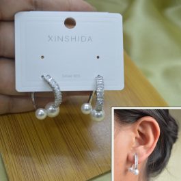 Jewels of Nepal CZ Stones Studded S925 Pearl Drop Stylish Double Sided (Jacket) C-Hoop Earrings For Women