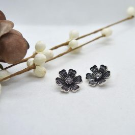 Silver/Black Flower Stone Studded Stud Earrings For Women