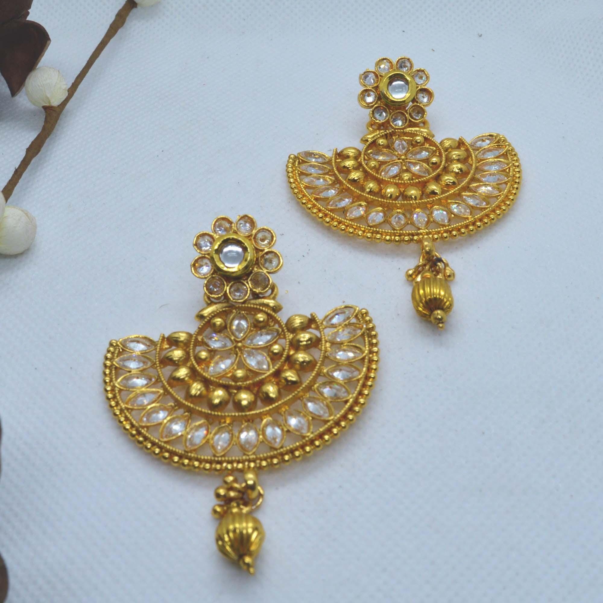 Gold Toned Kundan Stone Studded Chandbali Earrings For Women - Image 2