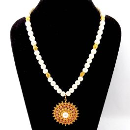 Gold Plated Faux Pearl & White/Red Stones Embellished Necklace For Women