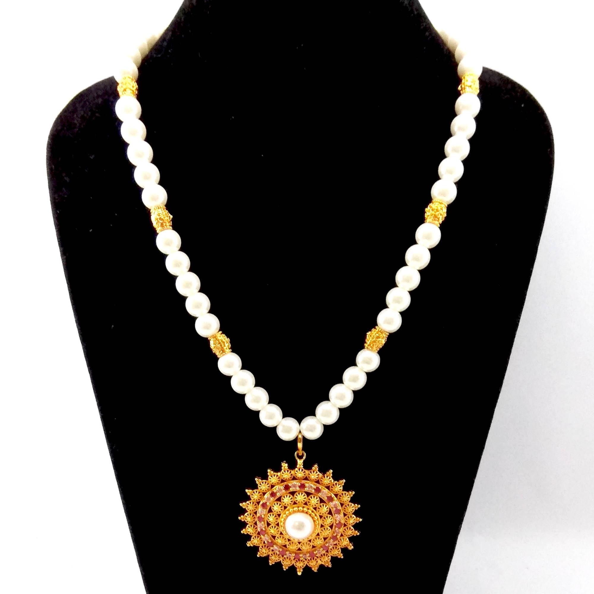 Gold Plated Faux Pearl & White/Red Stones Embellished Necklace For Women