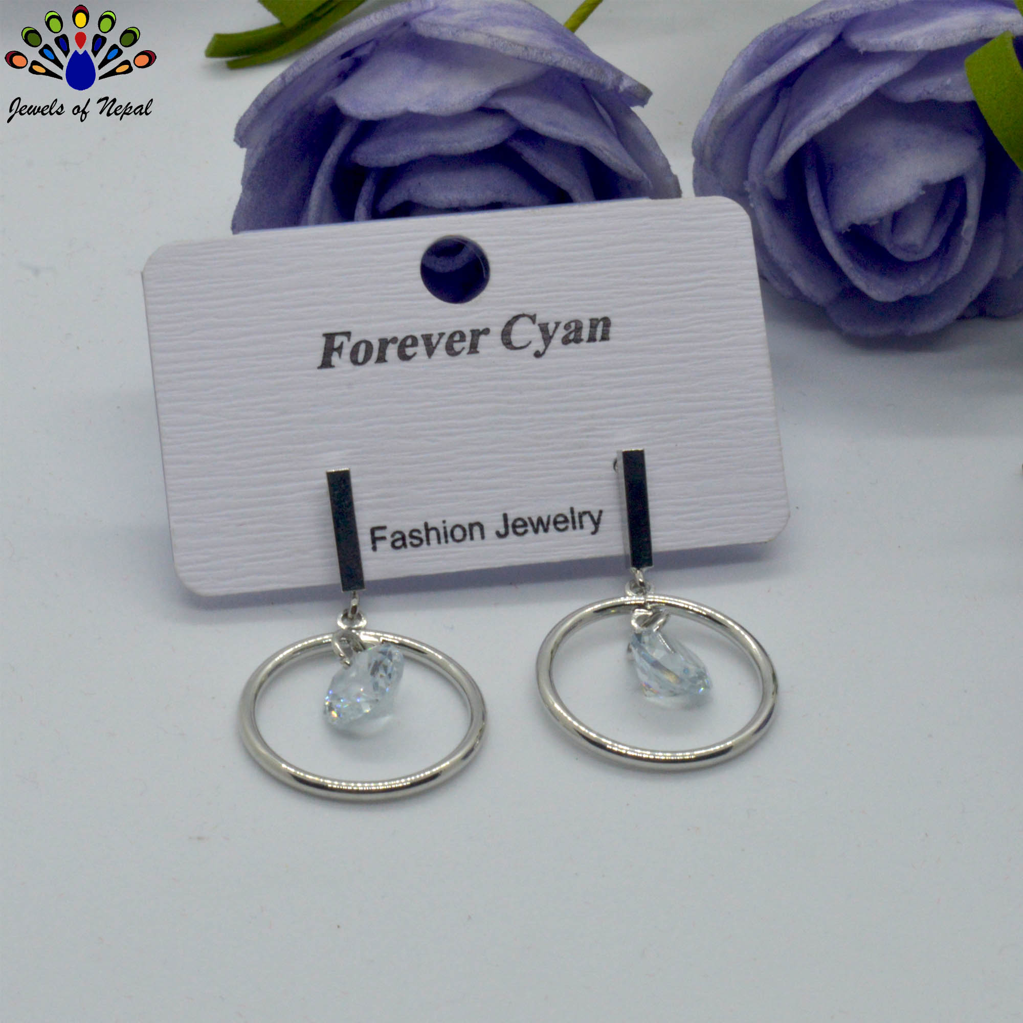 Silver Toned Circular Stone Drop Earrings - Image 2