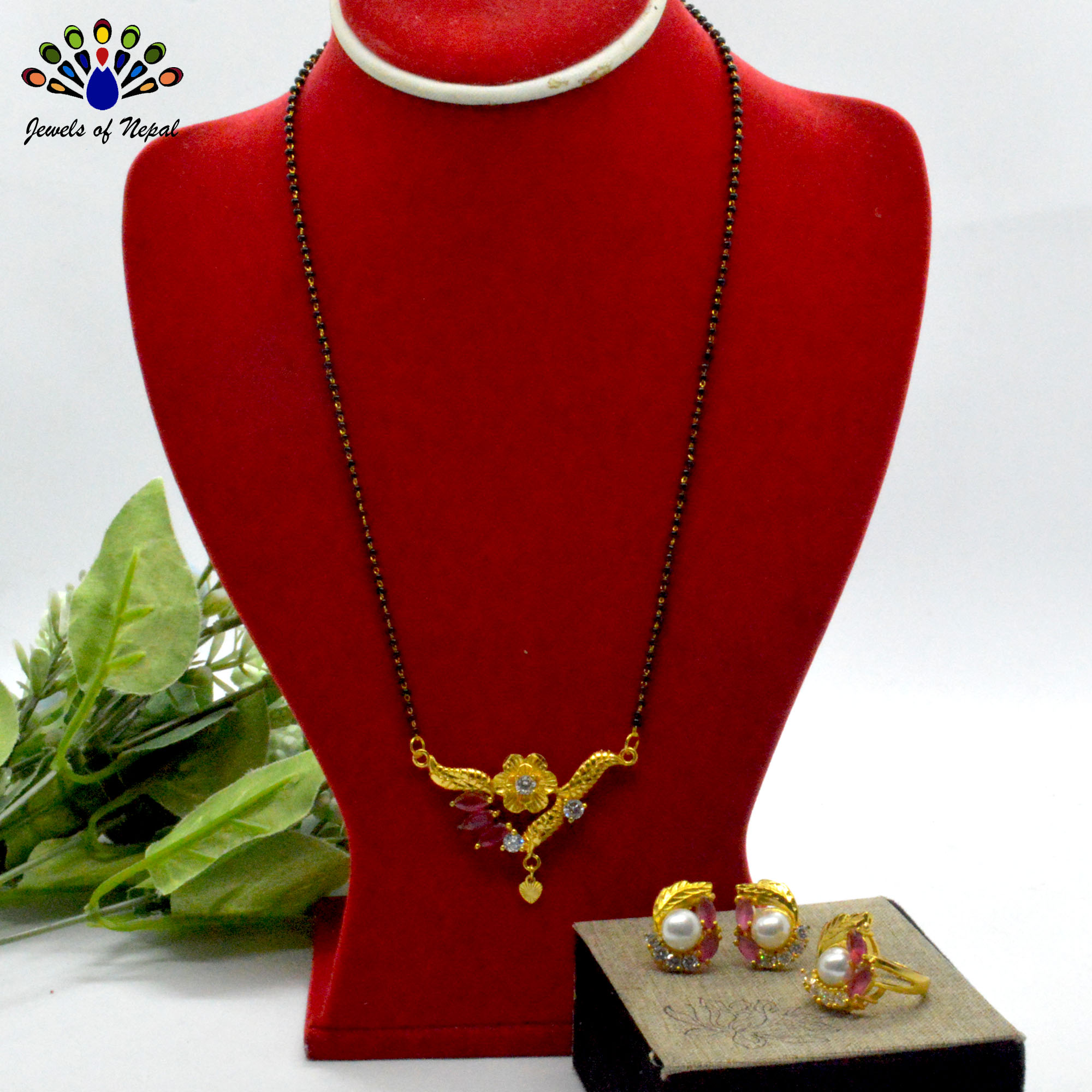 Gold Plated Faux Moti And Pink Stone Embellished Necklace, Ear Studs And Ring Set For Women - Image 3
