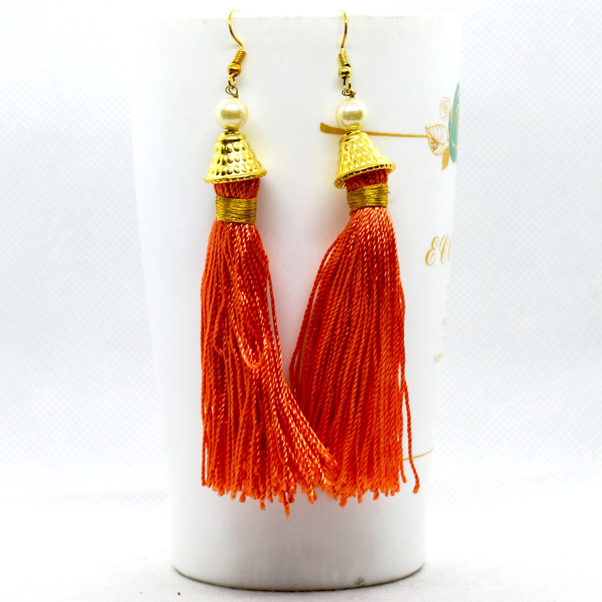 Orange/Golden Silk Thread Tassel Earrings For Women - Image 2