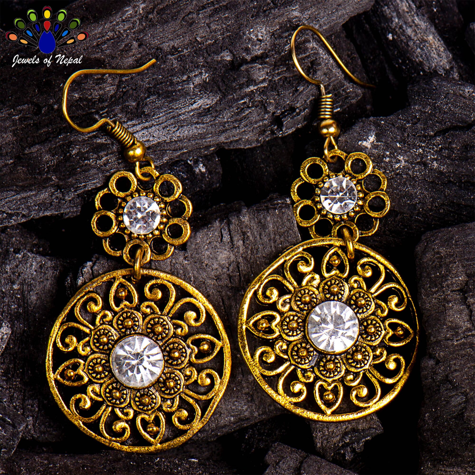 Golden/Silver Double Round Cutout Patterned Circular Drop Danglers For Women - Image 5