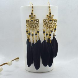 Boho Style Golden Tribal Designed Beads Drop Feather Earrings For Women