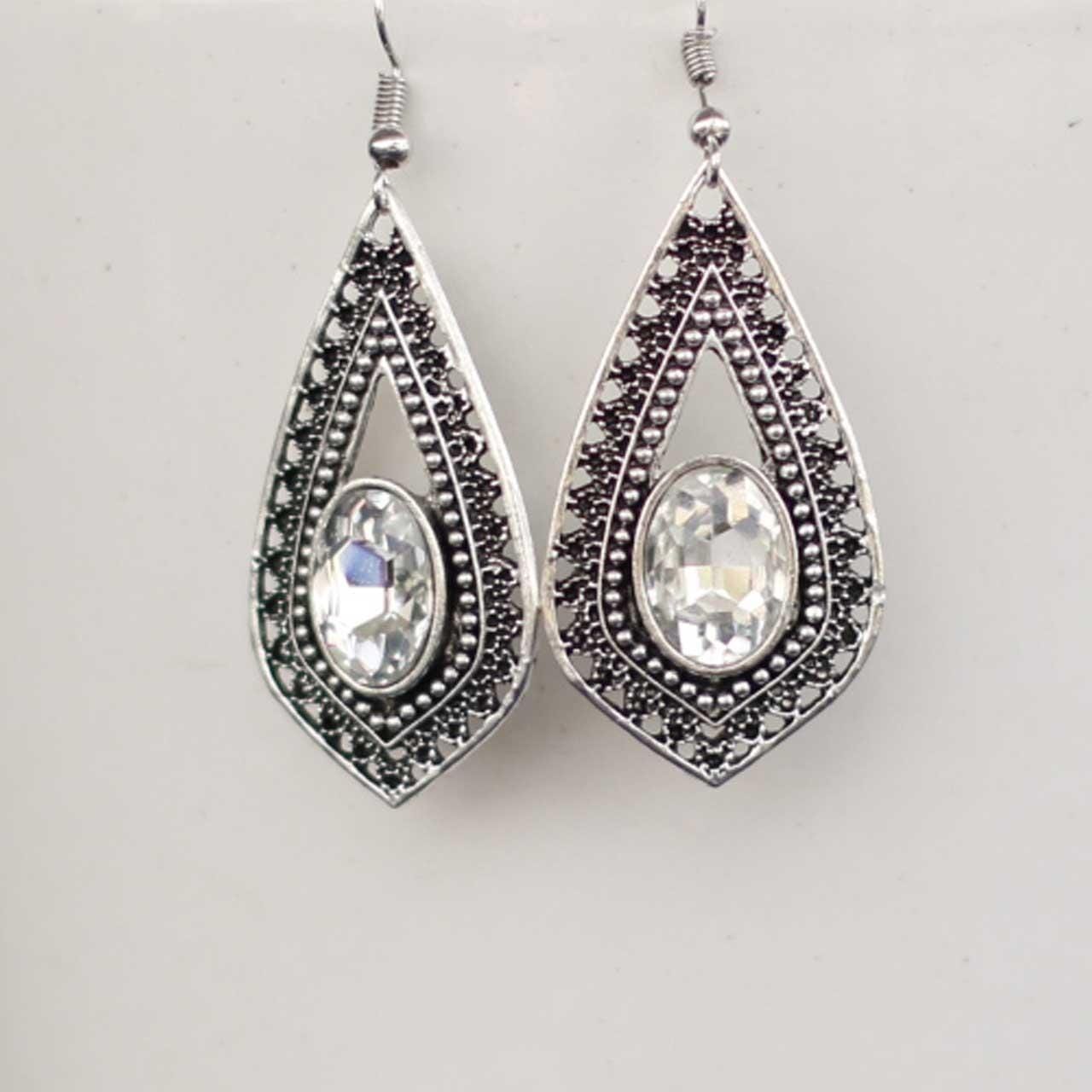 Silver/White Stoned Textured Drop Earrings For Women