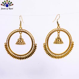 Antique Gold Toned Round Cut Patterned Pinjada Drop Earrings