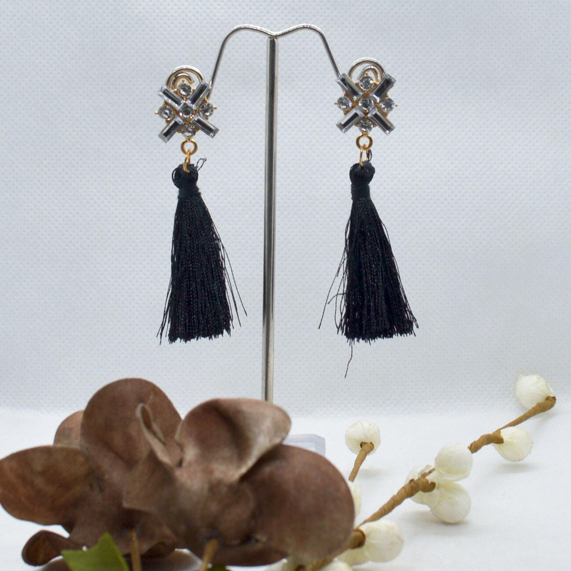Stone Studded Tassel Drop Earrings For Women - Image 9