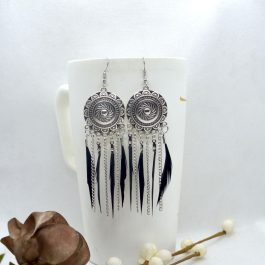 Boho Style Silver Tribal Designed Chain Drop Feather Earrings For Women