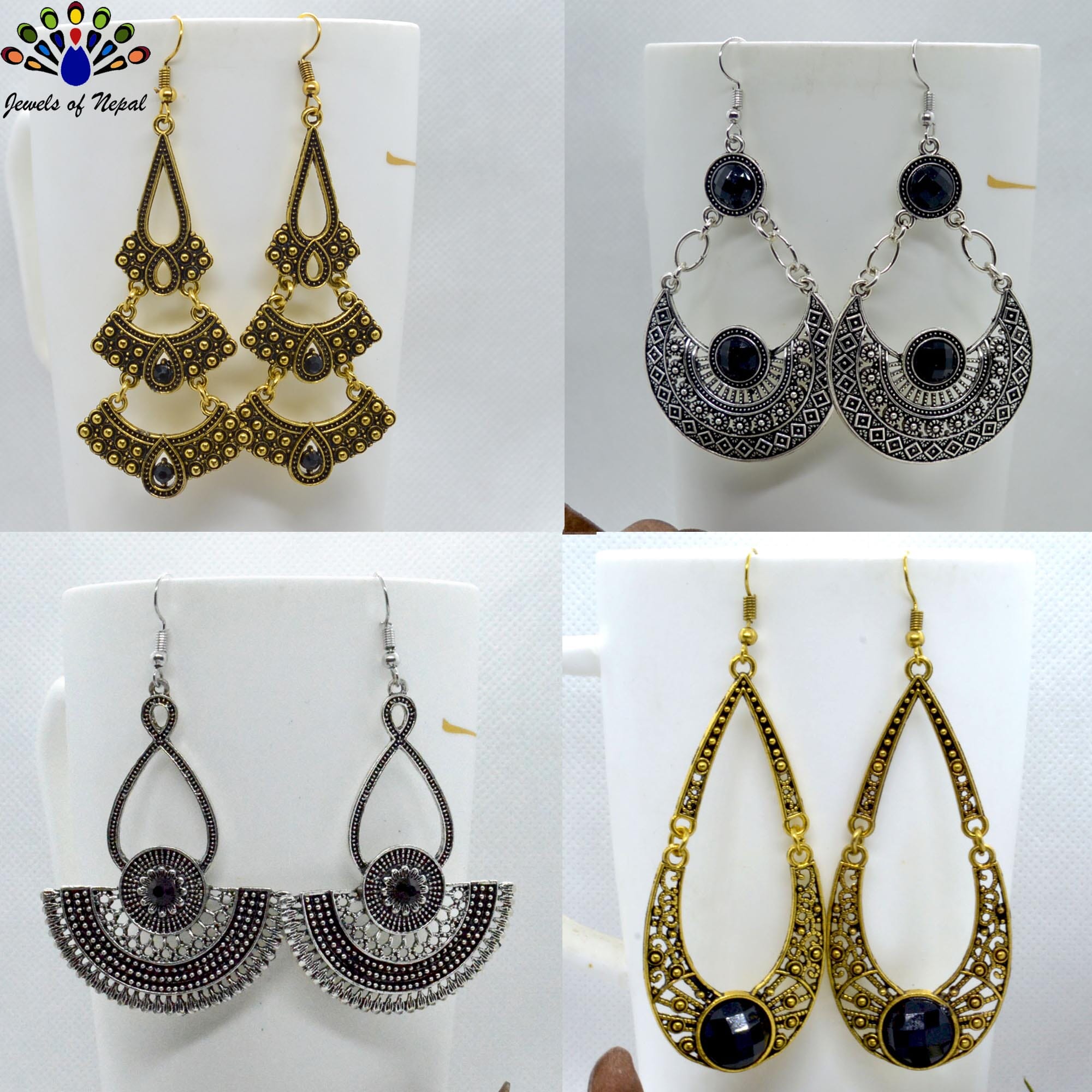 Combo of 4 Silver/Golden Stoned Long Drop Earrings For Women - Image 4
