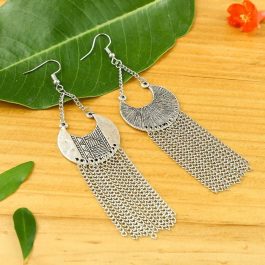 Silver Long Tassel Design Drop Earrings For Women