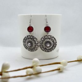 Red/Silver Mandala Patterned Round Drop Earrings For Women
