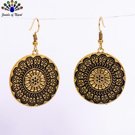 Golden/Black Tribal Patterned Circular Drop Earrings For Women- Jewels Of Nepal
