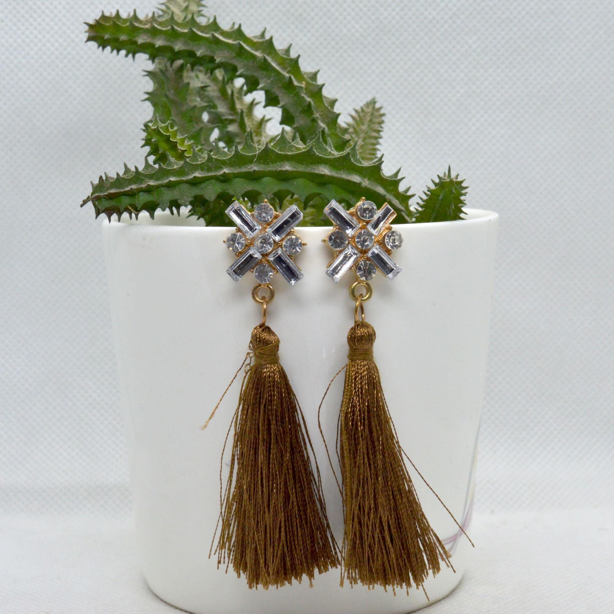 Stone Studded Tassel Drop Earrings For Women - Image 2