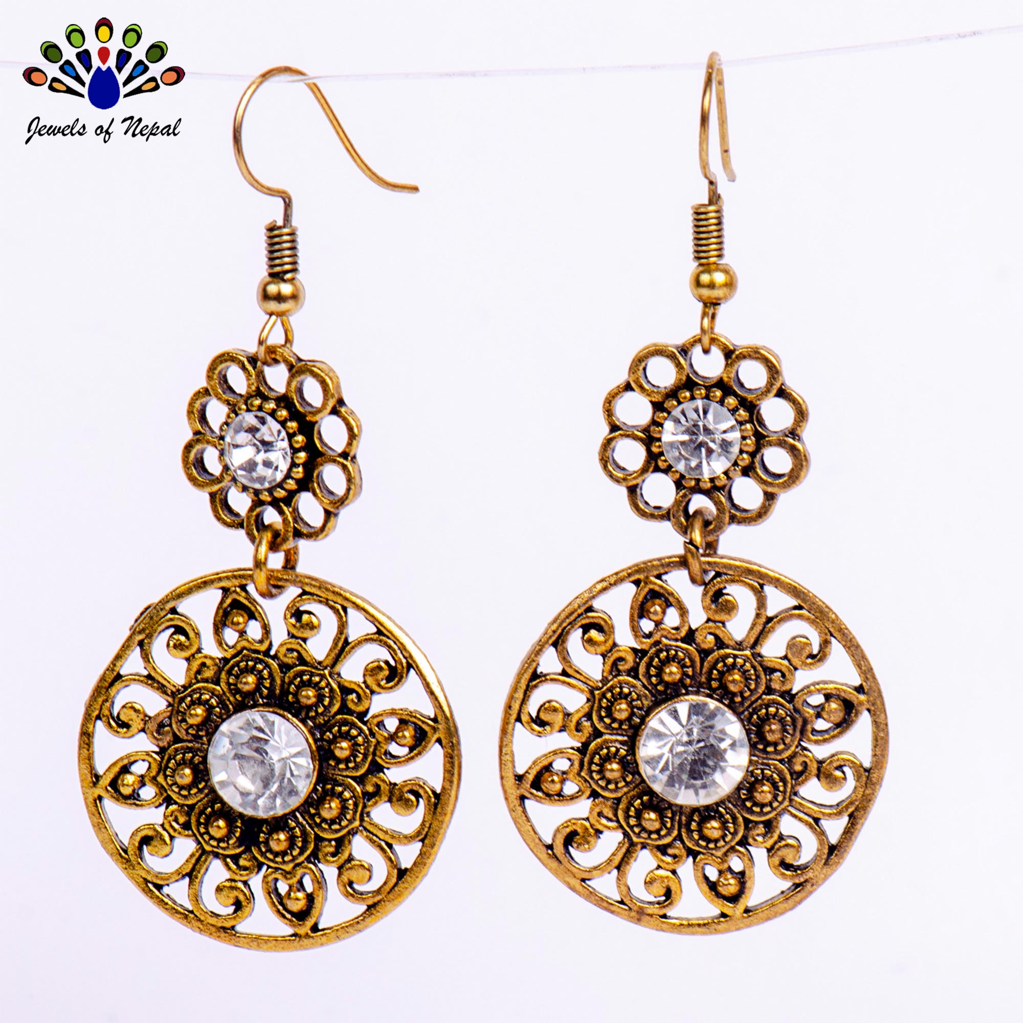 Golden/Silver Double Round Cutout Patterned Circular Drop Danglers For Women - Image 7