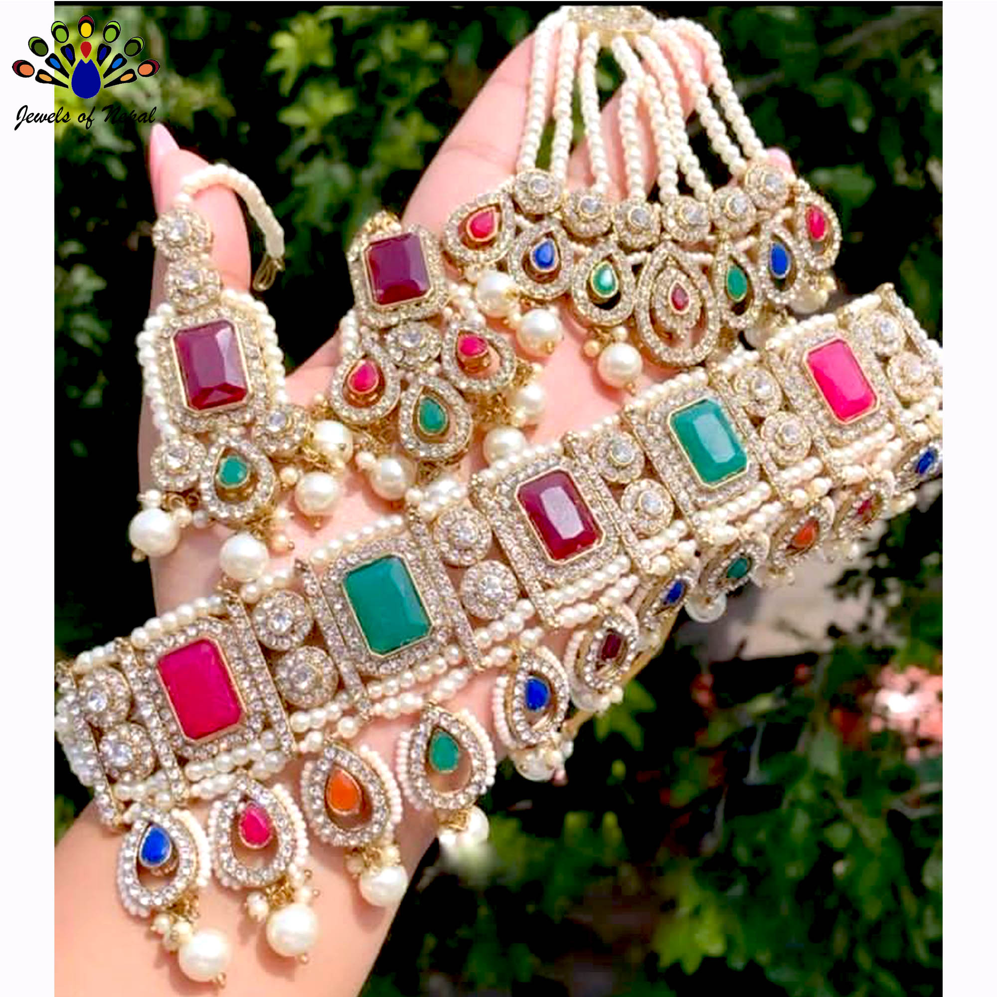 Stones and Beads Studded Antique Gold Plated Semi Bridal Set with Necklace, Earrings, Maangtika & Side Bindi for Women